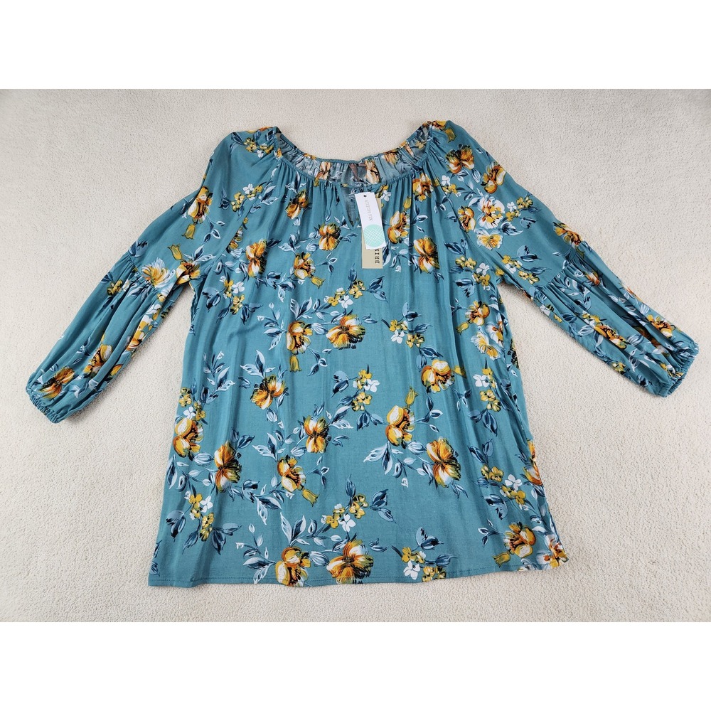 New Brina & Em Stitch Fix 3/4 Sleeve Teal Floral Blouse Size Medium Fall